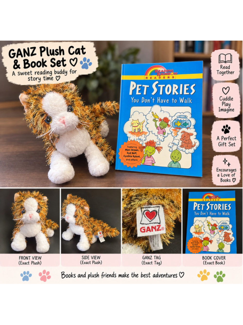 Y2K GANZ Cat Plush + Reading Rainbow Pet Stories Book Nostalgic Kids Bundle F26